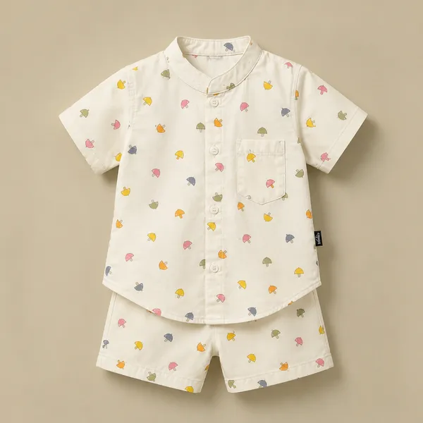 Newborn Baby Cream Mushroom Print Fotua Set – Soft Cotton Shirt & Shorts