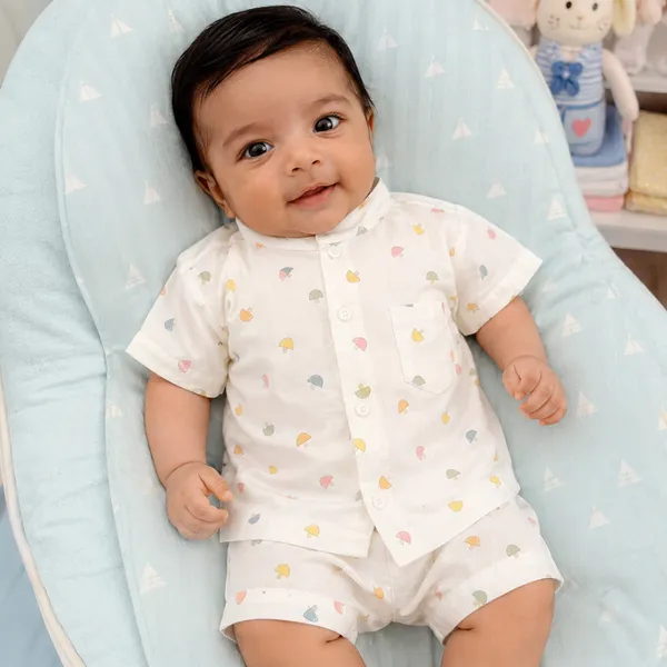 Newborn Baby Cream Mushroom Print Fotua Set – Soft Cotton Shirt & Shorts