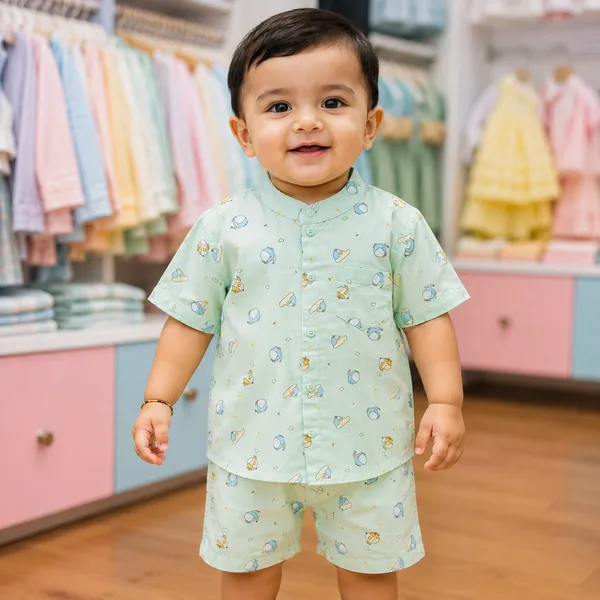 Newborn Baby Mint Green Cartoon Print Fotua Set – Soft Cotton Shirt & Shorts