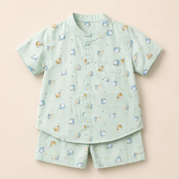 Newborn Baby Mint Green Cartoon Print Fotua Set – Soft Cotton Shirt & Shorts
