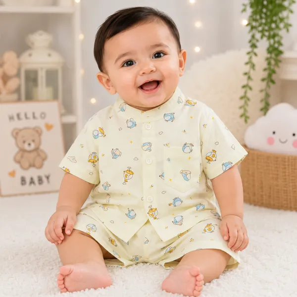Newborn Baby Light Yellow Cartoon Print Fotua Set – Soft Cotton Shirt & Shorts
