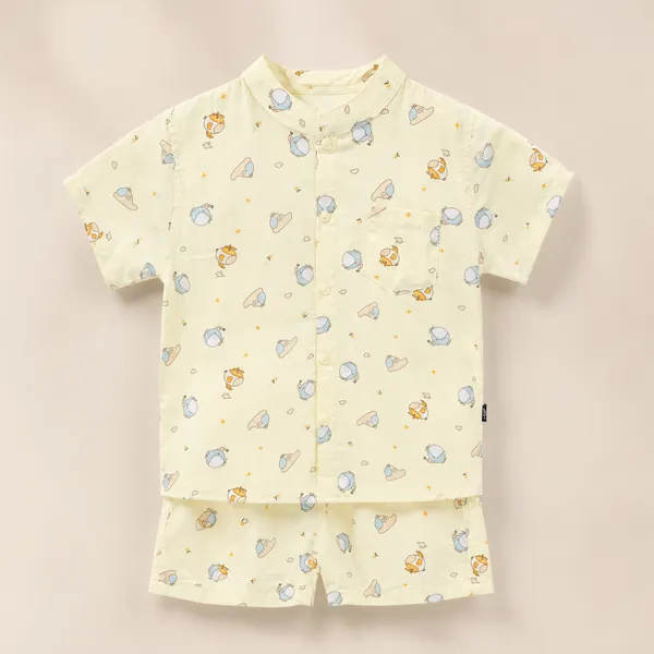 Newborn Baby Light Yellow Cartoon Print Fotua Set – Soft Cotton Shirt & Shorts