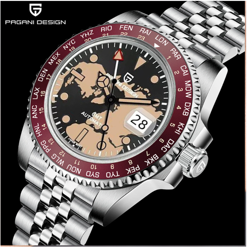 Pagani Design GMT NH34 Automatic Men's Watch (Maroon World Map Dial ...