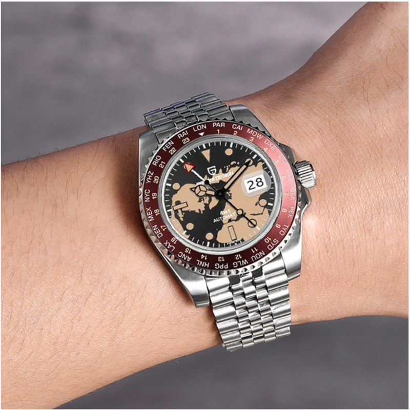 Pagani Design GMT NH34 Automatic Men's Watch (Maroon World Map Dial ...