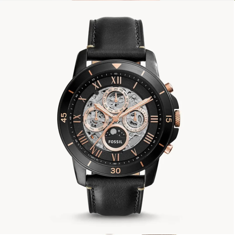 Fossil Grant Sport Automatic Skeleton Black Dial Leather Strap Watch ...
