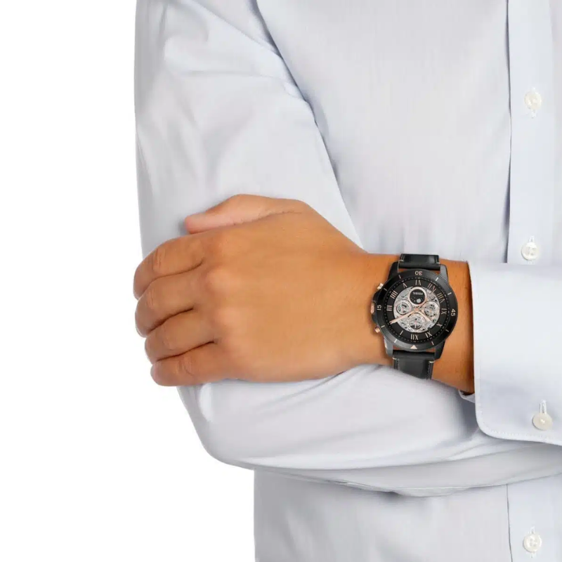 Fossil Grant Sport Automatic Skeleton Black Dial Leather Strap Watch ...