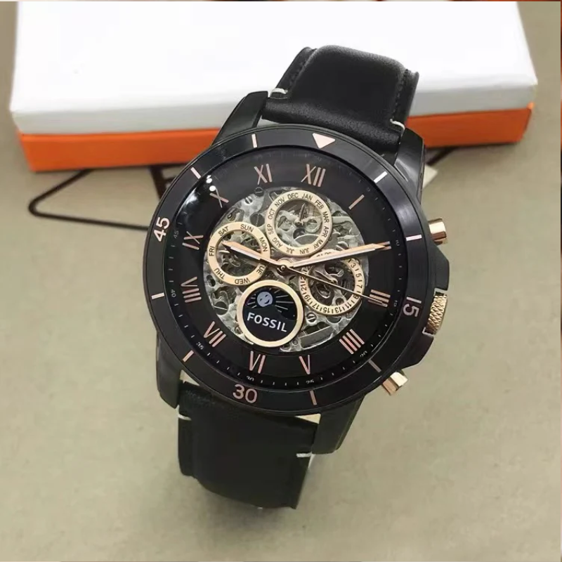 Fossil Grant Sport Automatic Skeleton Black Dial Leather Strap Watch ...