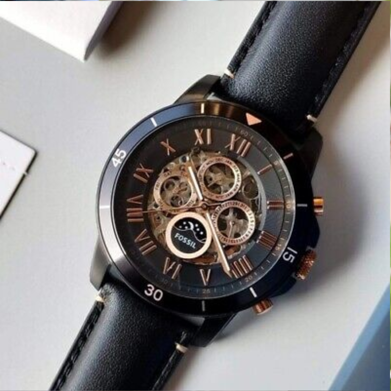 Fossil Grant Sport Automatic Skeleton Black Dial Leather Strap Watch ...