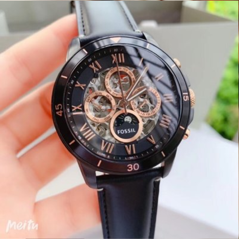 Fossil Grant Sport Automatic Skeleton Black Dial Leather Strap Watch ...