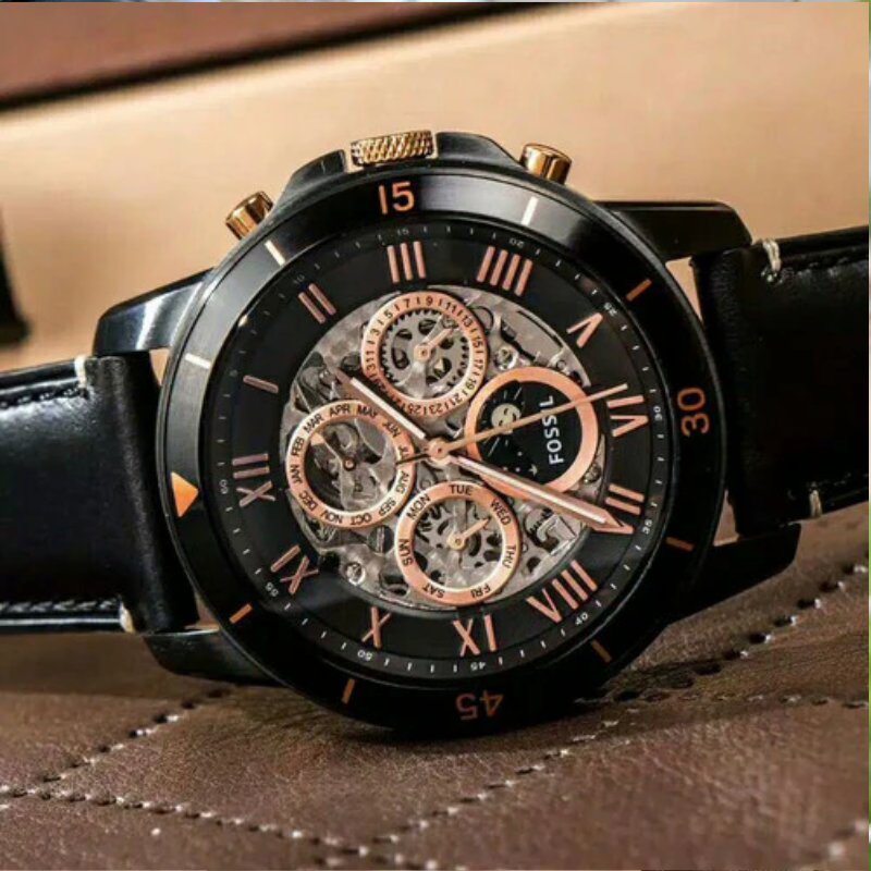 Fossil Grant Sport Automatic Skeleton Black Dial Leather Strap Watch ...