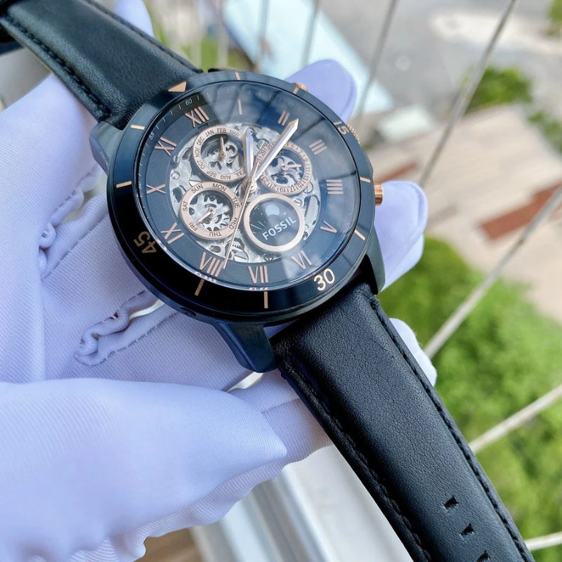 Fossil Grant Sport Automatic Skeleton Black Dial Leather Strap Watch ...