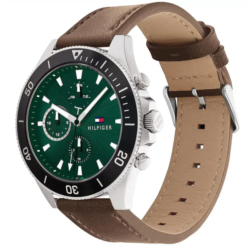 Tommy Hilfiger Brown Leather Green Dial Men's Multi-function Watch - My ...