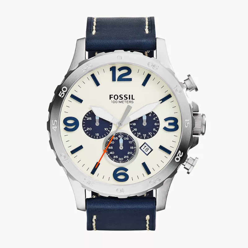 Fossil Nate Chronograph Beige Dial Leather Men's Watch - My Watch